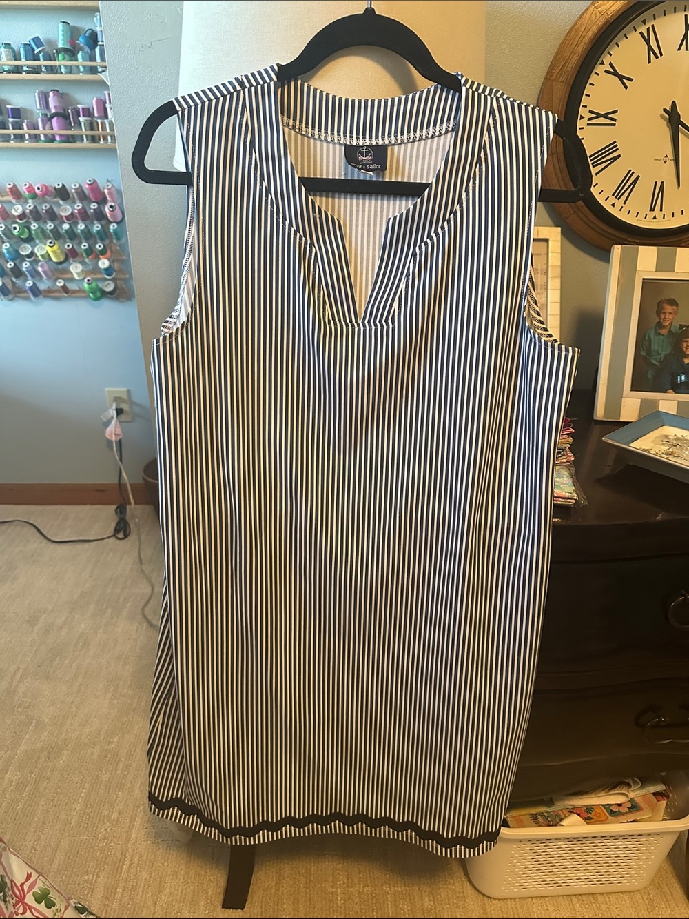 Navy Sleeveless dress with ric rac Trim, size large, like new